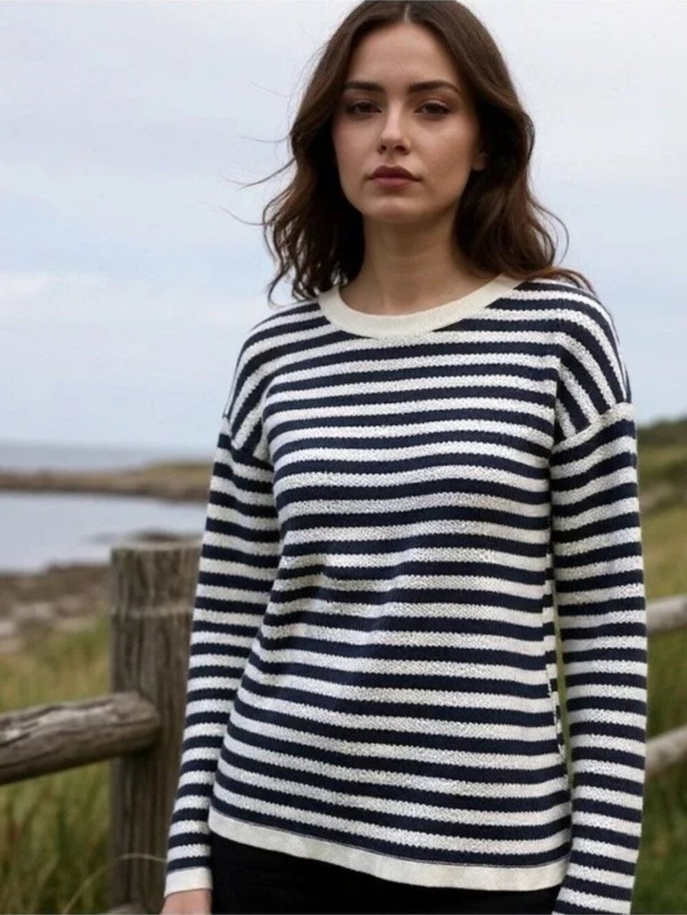 J.Jill Navy & White Striped Cotton Pullover Sweater L Nautical Breton Coastal
